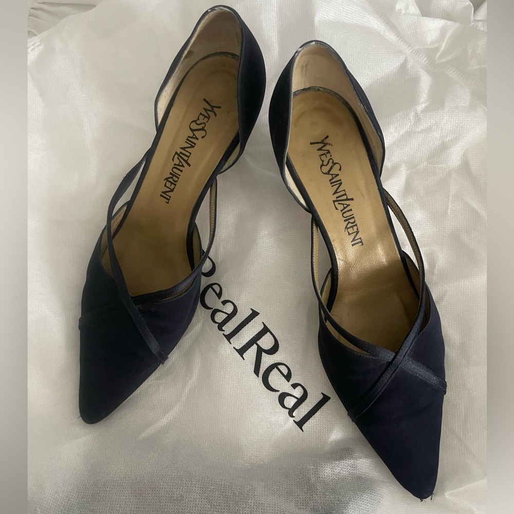 Yves Saint Laurent YSL Suede Pumps Block Heel Navy Italy Size 6.5 M Vintage